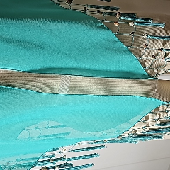 Shawl wrap, greenish blue, with lovely fringe with shells 🐚 - Picture 2 of 7